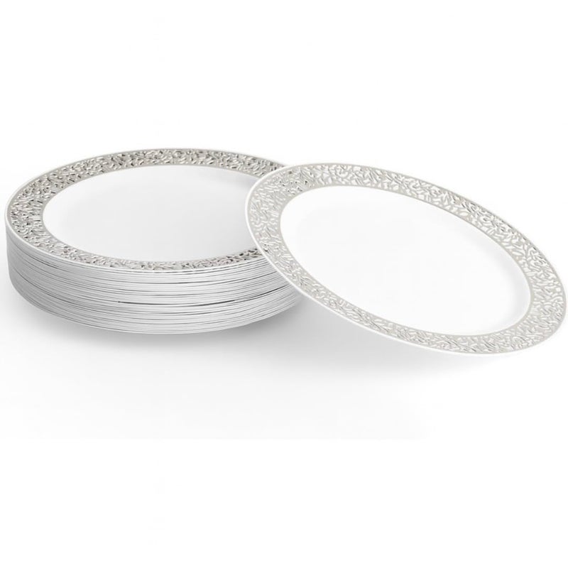 MATANA 20 Premium White Plastic Dinner Plates with Silver Lace Rim 26cm  10 Inch  Elegant  Reusable Party Tableware for Weddings Birthdays Picnic BBQ Parties