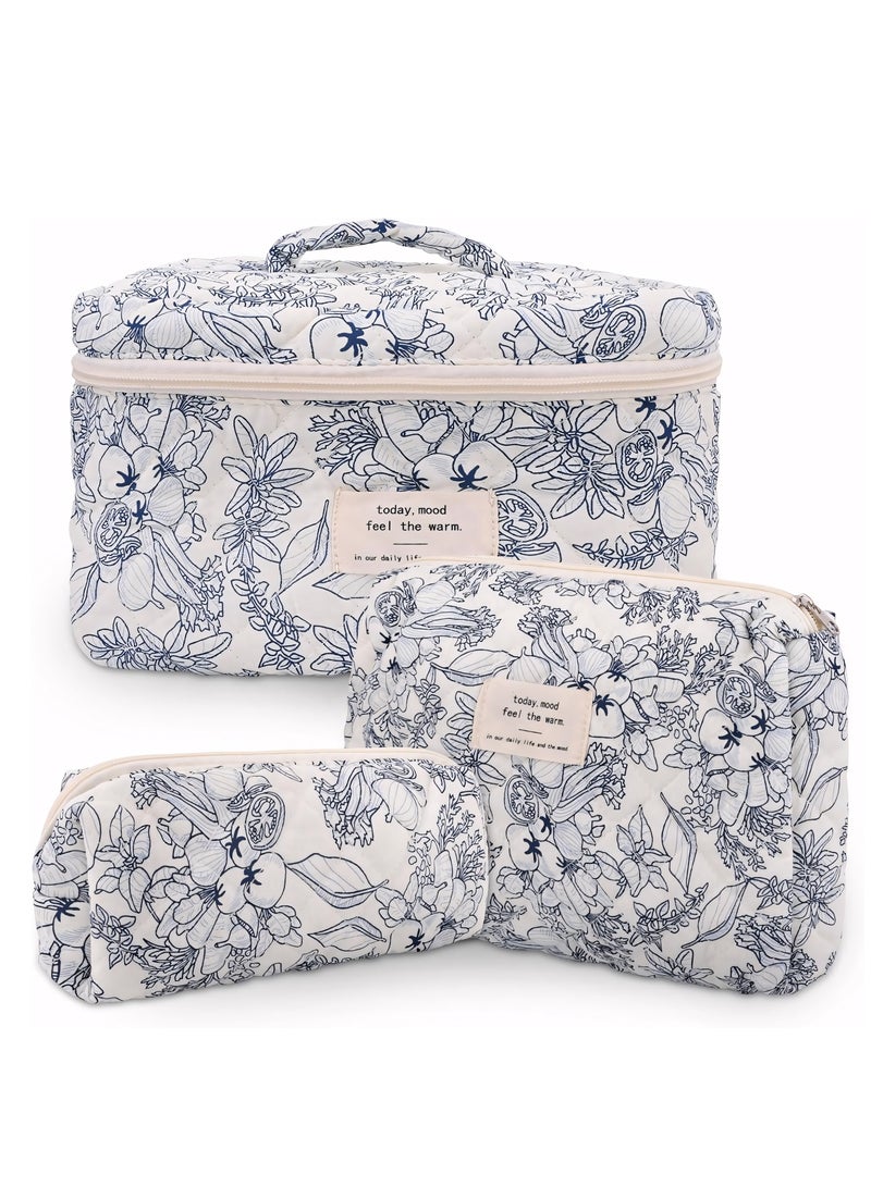 Cosmetic Bag, 3-Piece Cotton Quilted Makeup Bag Set, Large Floral Travel Toiletry Bag for Women, Aesthetic Toiletry Bags for Women Girls, Make Up Bag for Travel and Bathroom - Image 1