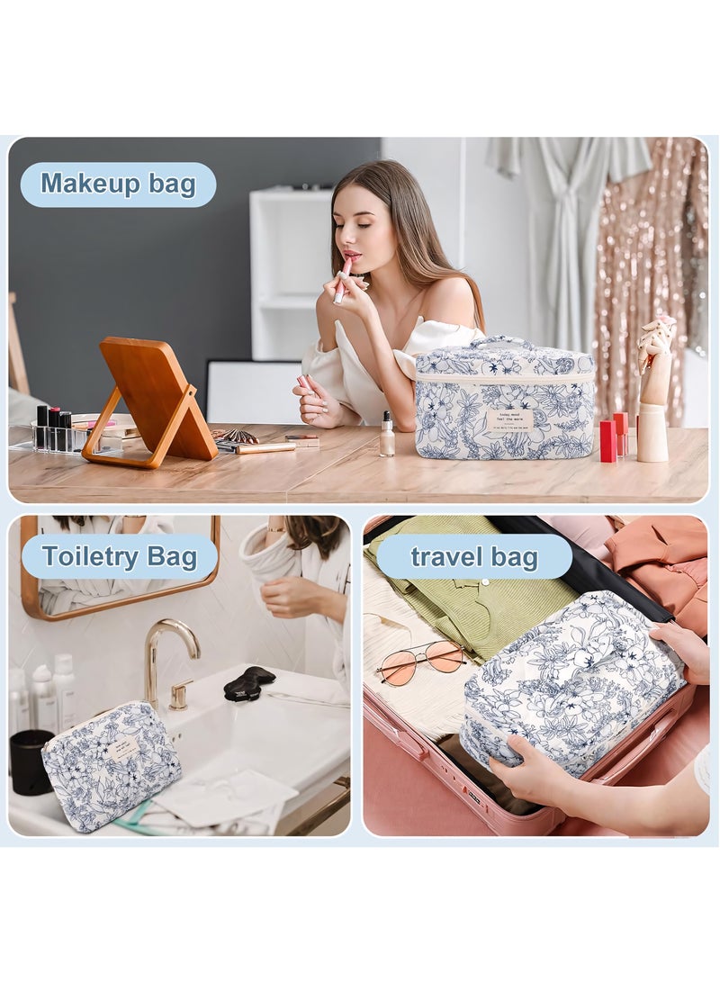 Cosmetic Bag, 3-Piece Cotton Quilted Makeup Bag Set, Large Floral Travel Toiletry Bag for Women, Aesthetic Toiletry Bags for Women Girls, Make Up Bag for Travel and Bathroom - Image 3