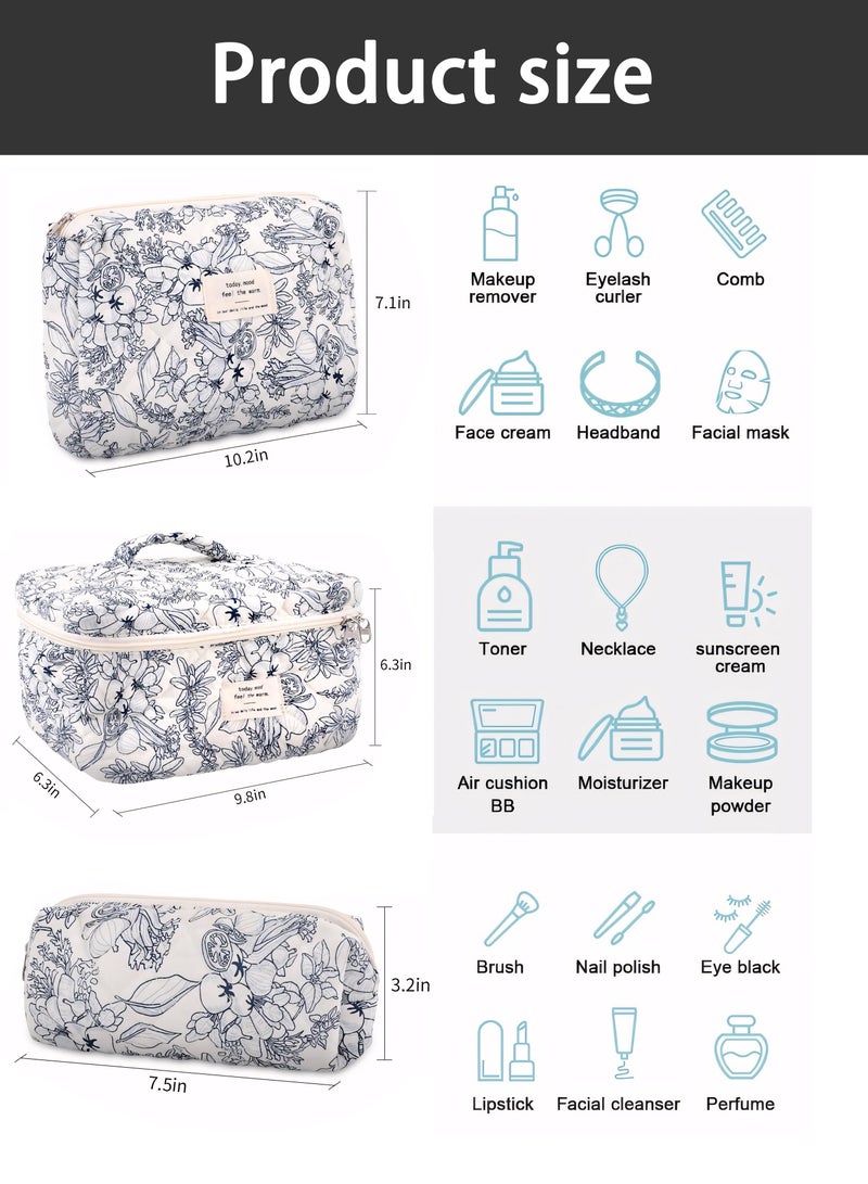 Cosmetic Bag, 3-Piece Cotton Quilted Makeup Bag Set, Large Floral Travel Toiletry Bag for Women, Aesthetic Toiletry Bags for Women Girls, Make Up Bag for Travel and Bathroom - Image 5