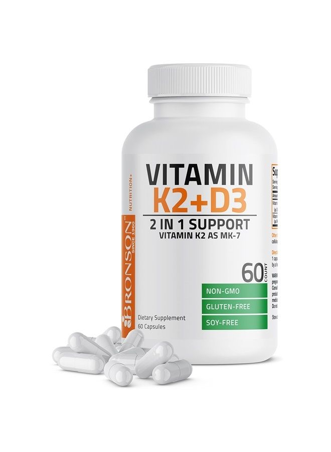 Bronson فيتامين K2 (MK7) مع مكمل D3 تركيبة غير معدلة وراثيًا 5000 وحدة دولية من فيتامين D3 و 90 ميكروغرام من فيتامين K2 MK-7 سهل البلع فيتامين D و K معقد، 60 كبسولة - Image 1