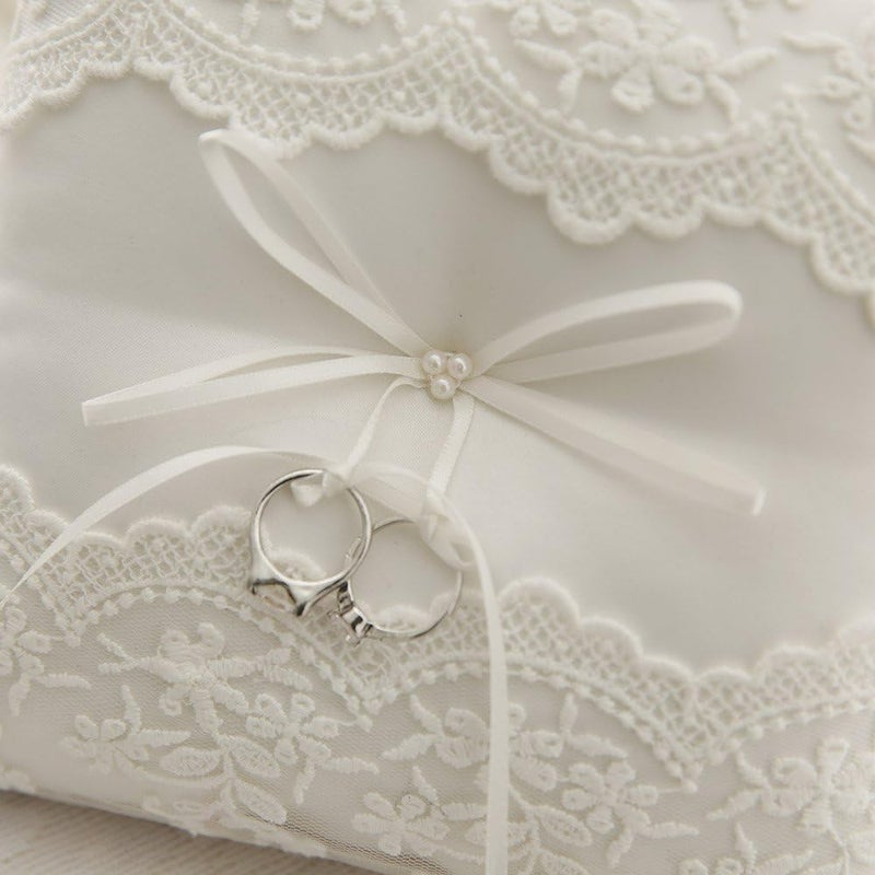 Bodosac Awtlife Lace Pearl Wedding Ring Pillow Cushion Bearer 8.26 Inch for Beach Wedding - Image 3