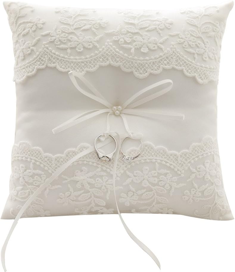 Bodosac Awtlife Lace Pearl Wedding Ring Pillow Cushion Bearer 8.26 Inch for Beach Wedding - Image 1