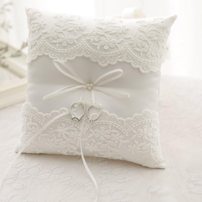 Bodosac Awtlife Lace Pearl Wedding Ring Pillow Cushion Bearer 8.26 Inch for Beach Wedding - Image 2