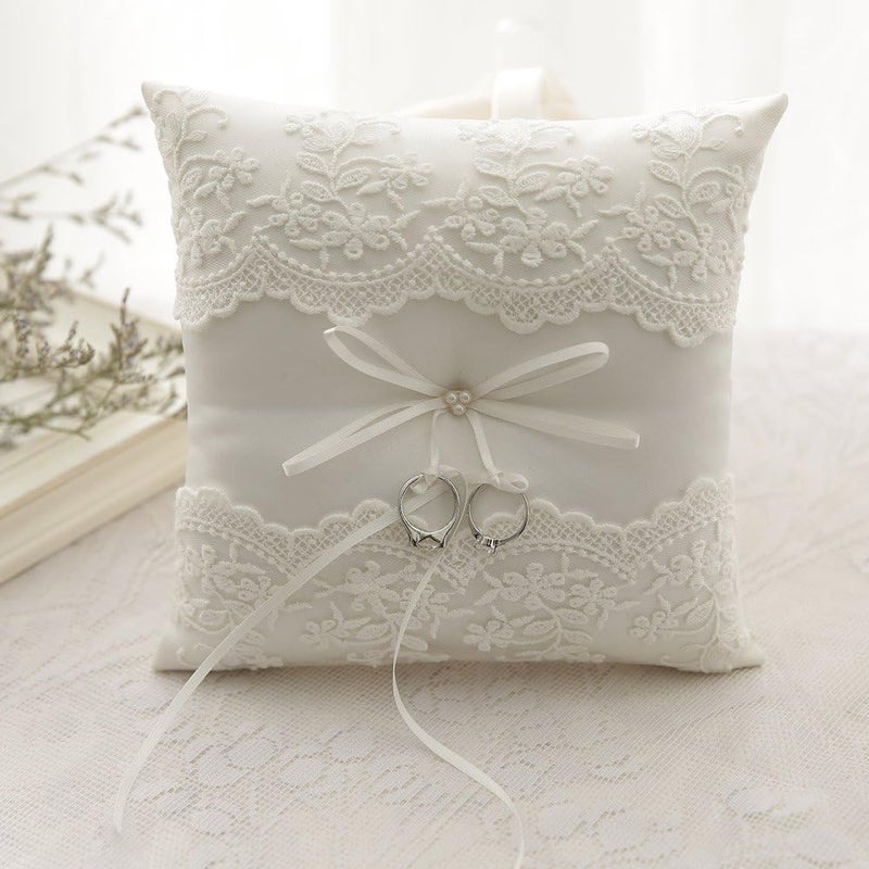 Bodosac Awtlife Lace Pearl Wedding Ring Pillow Cushion Bearer 8.26 Inch for Beach Wedding - Image 4