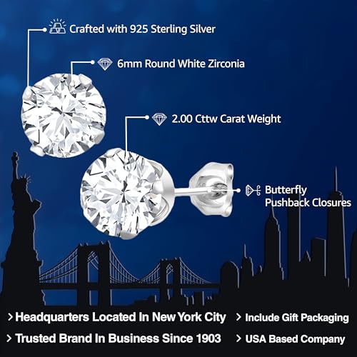 Gem Stone King 925 Sterling Silver White Cubic Zirconia CZ Stud Earrings For Women Men | 2.00 Cttw | Round Cut 6MM - Image 2