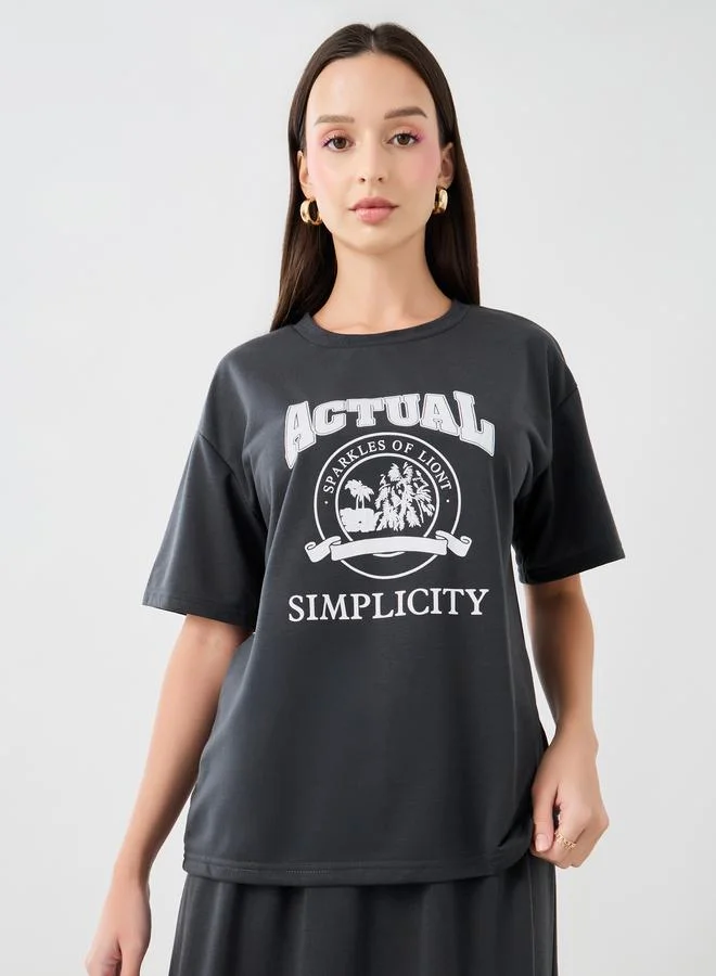 تايك تو Take Two Graphic Print Round Neck T-Shirt and Skirt Co-Ords