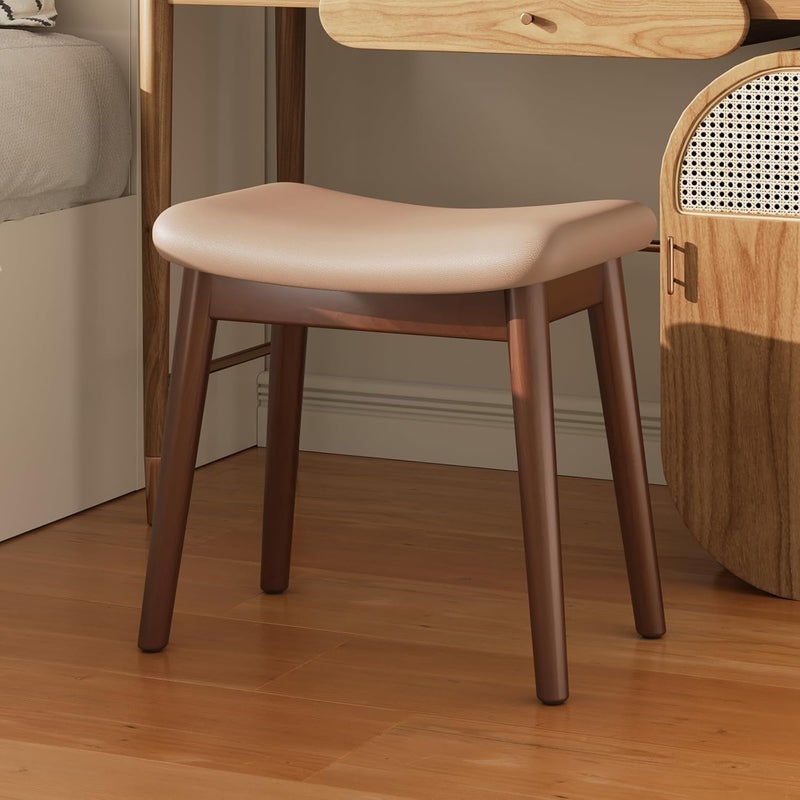 Uaniar Vanity Stool, Small Makeup Vanity Chair, Cute Bedroom Vanity Beech, 17" Solid Wood Foot Rest Ottoman with Saddle Cushion, Sitting Stool Seat for Desk/Entryway/Piano, Walnut/Brown Leather - Image 1