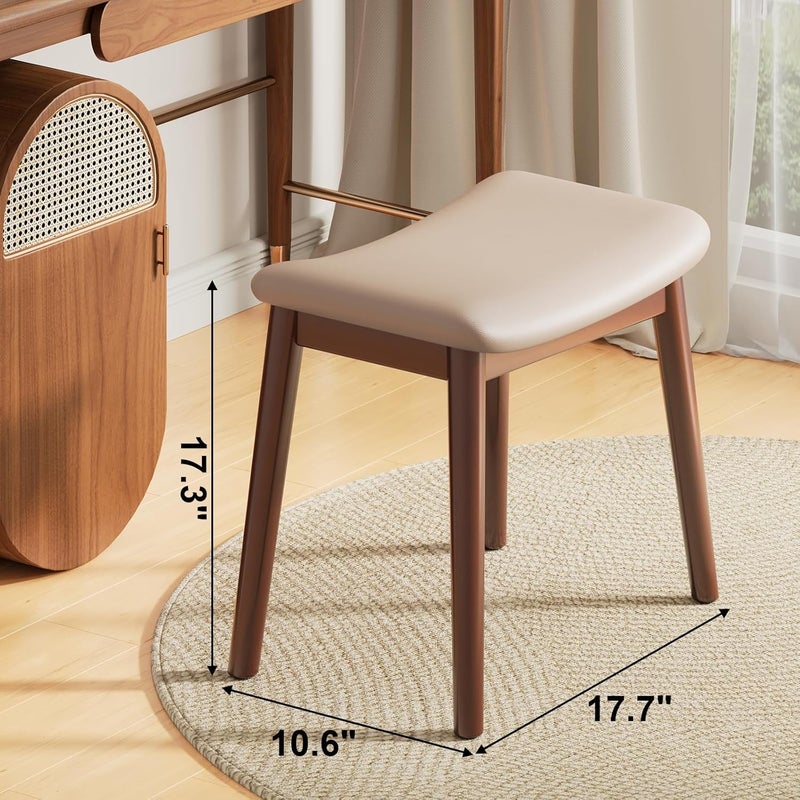 Uaniar Vanity Stool, Small Makeup Vanity Chair, Cute Bedroom Vanity Beech, 17" Solid Wood Foot Rest Ottoman with Saddle Cushion, Sitting Stool Seat for Desk/Entryway/Piano, Walnut/Brown Leather - Image 2