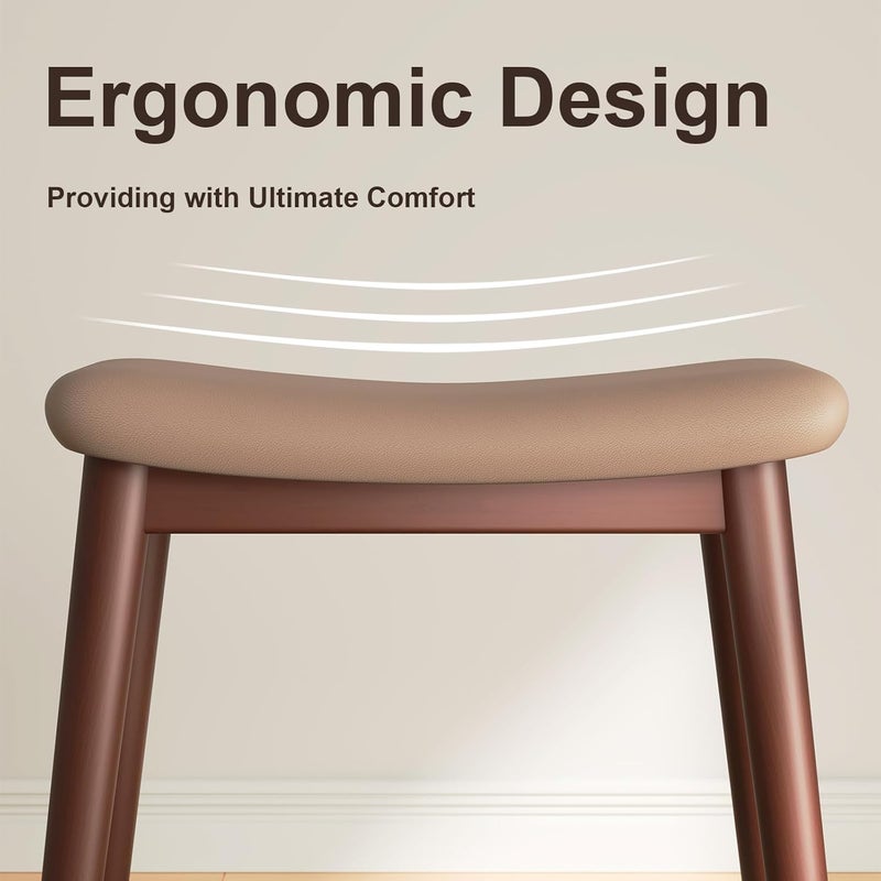Uaniar Vanity Stool, Small Makeup Vanity Chair, Cute Bedroom Vanity Beech, 17" Solid Wood Foot Rest Ottoman with Saddle Cushion, Sitting Stool Seat for Desk/Entryway/Piano, Walnut/Brown Leather - Image 3