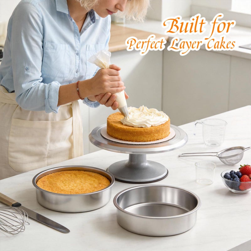 tifanso Set of 3 Stainless Steel Cake Pans - 8 Inch Round Layer Cake Baking Pan Molds, Stackable Even Heating Baking Set, Dishwasher Safe Bakeware Tins for Home Bakers, Birthday Party Wedding - Image 5