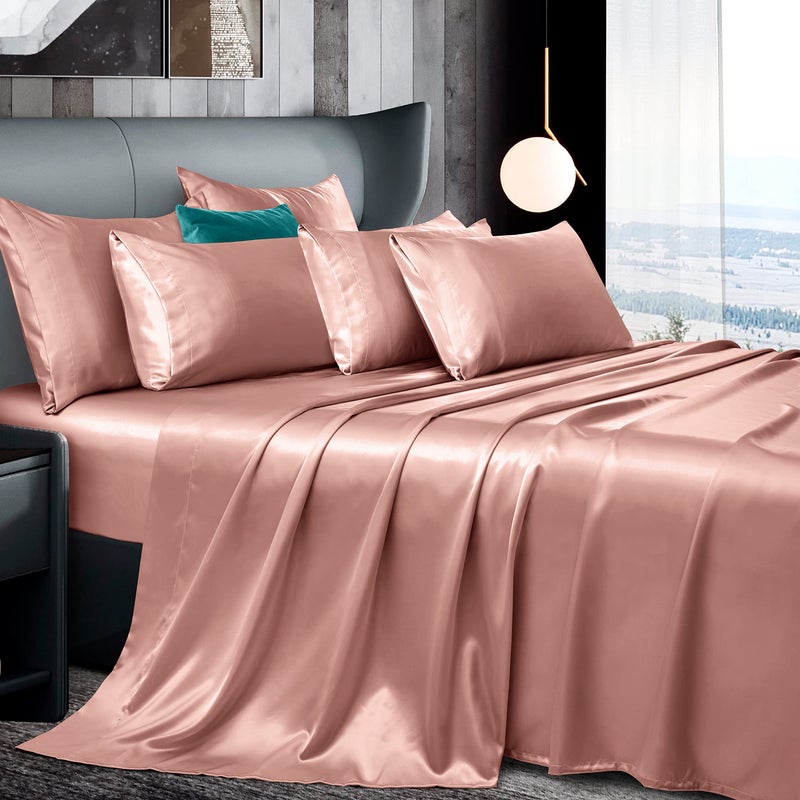 Manyshofu 7Pcs Rose Gold Satin Queen Size Sheet Set Luxurious  Soft Satin Bedding  1 Fitted Sheet 1 Flat Sheet 4 Pillowcases  1 Body Pillow Case
