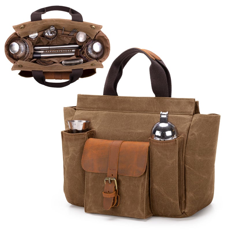 LoDrid LoDrid Tote Bartender Bag Genuine Leather Waxed Canvas Portable Carrying Cocktail Shaker Kit Bag with Handle for Travel Home Indoor Outdoor Party Bag OnlyPatent Design 