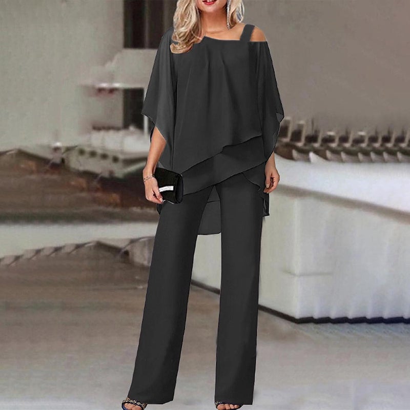 Batwing الأكمام أعلى وسراويل طويلة النساء العادية خارج الكتف غير منتظمة الحزب بدلة أنيقة قطعتين مجموعة 2026 الربيع الصيف الخريف - Image 1