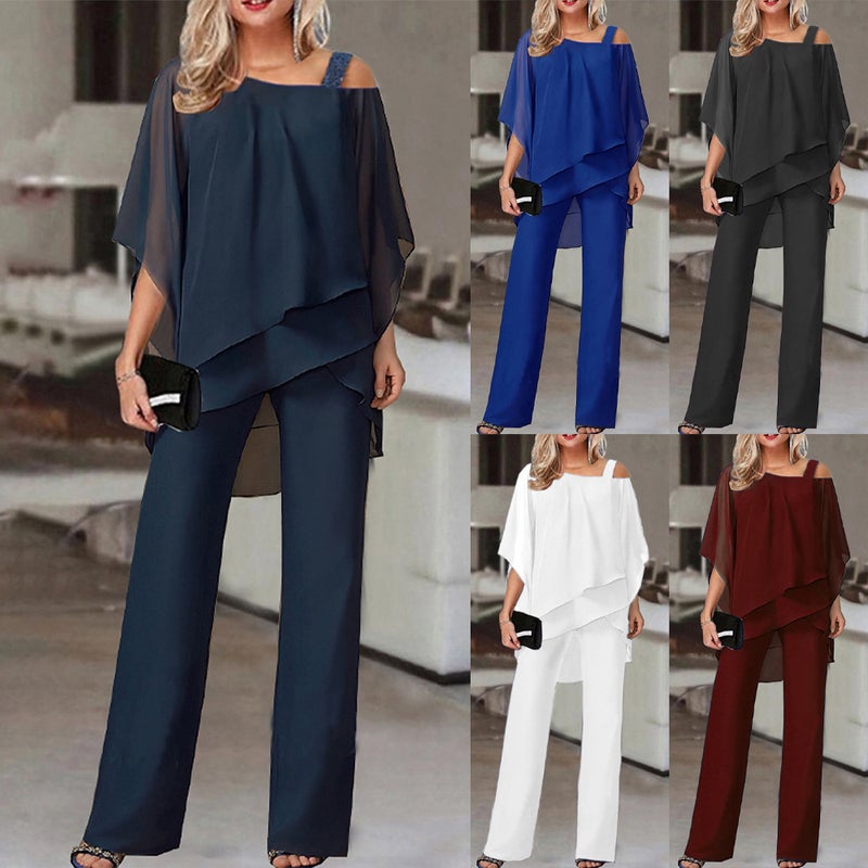 Batwing الأكمام أعلى وسراويل طويلة النساء العادية خارج الكتف غير منتظمة الحزب بدلة أنيقة قطعتين مجموعة 2026 الربيع الصيف الخريف - Image 2