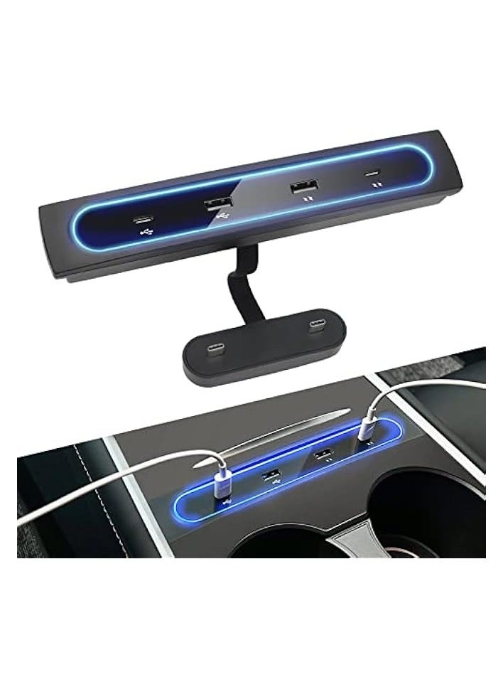 2021 2022 2023 Tesla Model Y 3 Accessories Docking Station 4 in 1 USB LED Hub, Compatible Docking Station of Center Console Smart Sensor for Tesla Black