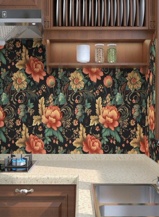 BOKEBEVE Dark Black Floral Peel and Stick Wallpaper Vintage,Boho Contact Paper,Peel Stick Cabinet,Wallpaper for Bedroom Bathroom Walls Removable Self Adhesive PVC 17.5 x 118In - Image 2
