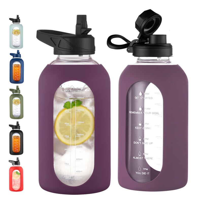 CIVAGO 64 oz Glass Water Bottle Jug with Straw and Handle, Half Gallon Sports Motivational Water Bottle with Time Marker, Wide Mouth Flask Canteen with Silicone Sleeve for Gym, Mauve - Image 1