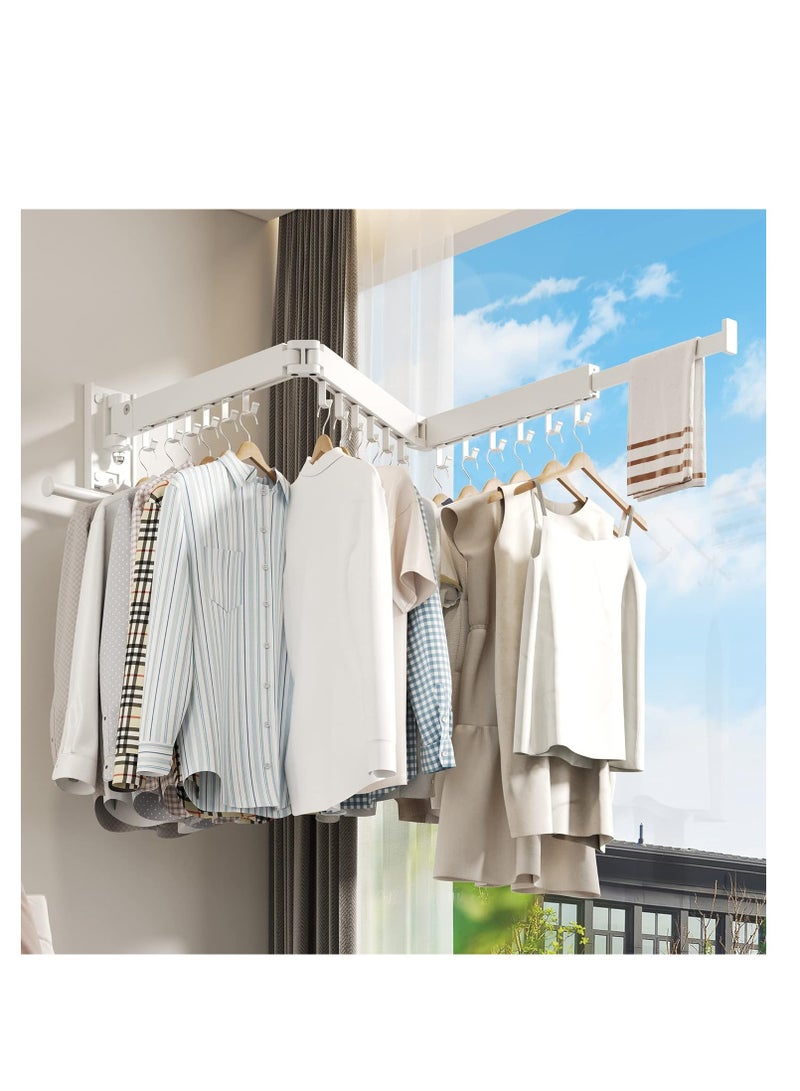 Wall Mounted Clothes Hanger Rack, Clothes Drying Rack,Laundry Drying Rack,Collapsible Clothes Rack Wall Mount, Retractable Drying Rack Clothing,can Fold Upward & Left & Right,White Color