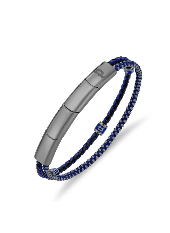 POLICE Twinrow BraceletDouble Row Ion-Plated Blue Leather and Cord with Grey-Metal P LogoBold and Iconic Men's Style