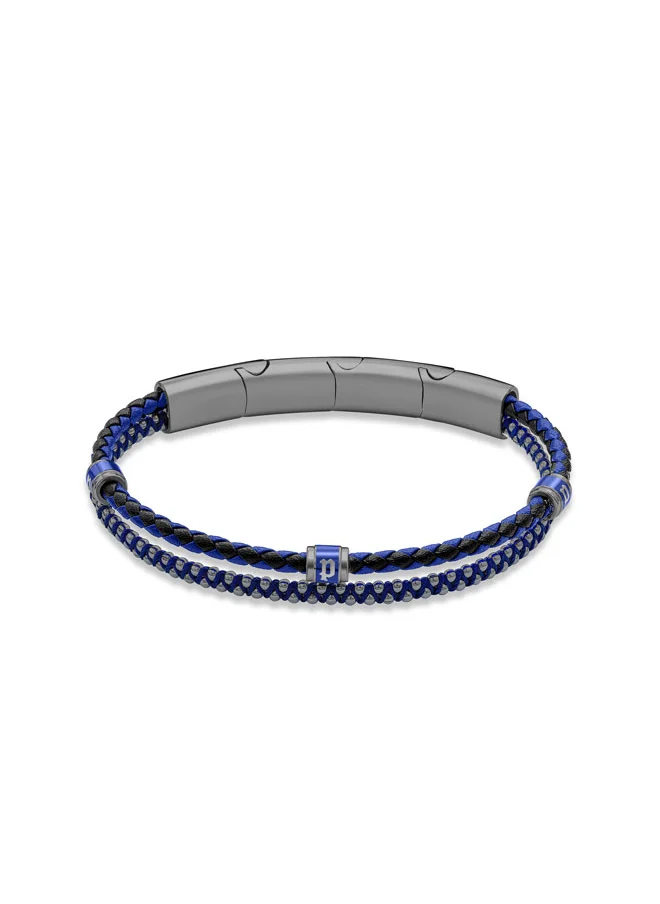 POLICE Twinrow BraceletDouble Row Ion-Plated Blue Leather and Cord with Grey-Metal P LogoBold and Iconic Men's Style