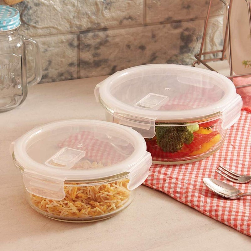 Femora Borosilicate Glass Containers for Kitchen | 1 Year Warranty | Container Boxes for Storage, Storage Box for Kitchen with Air Vent Lid, Microwave Safe Utensils, Round (Set of 2-380 Each) - Image 1