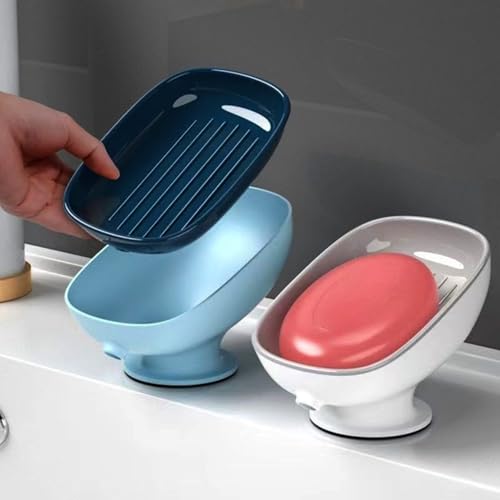 HEXONIQ® Plastic Soap Dish Holder with Suction Cup, Self Draining, for Shower, Bathroom, Tub, Kitchen Sink (1, Blue) - Image 2