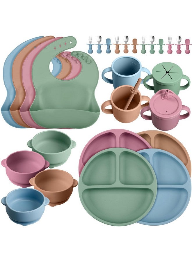Yinder 32 Pack Silicone Baby Feeding Set Baby LED Weaning Supplies Includes Suction Divided Plates Soft Bowl Spoons Forks Adjustable Bib Snack Cup with Lid and Straws - Image 1