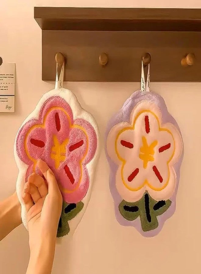HEEJ Cute Hanging Flower Design Hand Towels, Soft Absorbent Coral Fleececozy Cozy Hand Dry Towel with Loop, Hand Dry Towels for Kitchen Bathroom (2 Random Piece) - Image 4