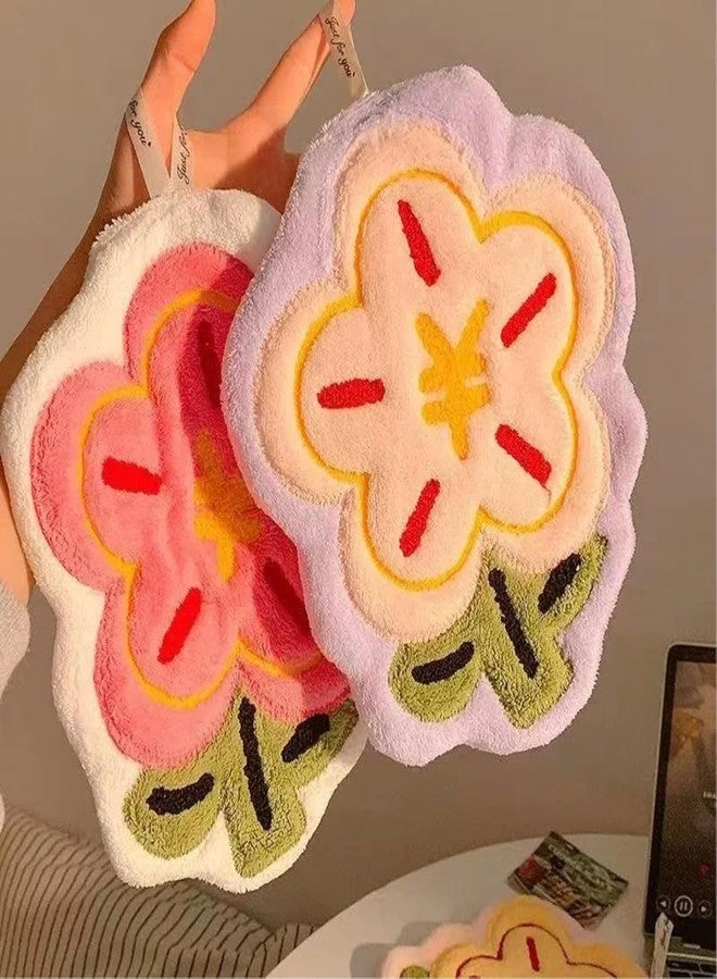 HEEJ Cute Hanging Flower Design Hand Towels, Soft Absorbent Coral Fleececozy Cozy Hand Dry Towel with Loop, Hand Dry Towels for Kitchen Bathroom (2 Random Piece) - Image 1
