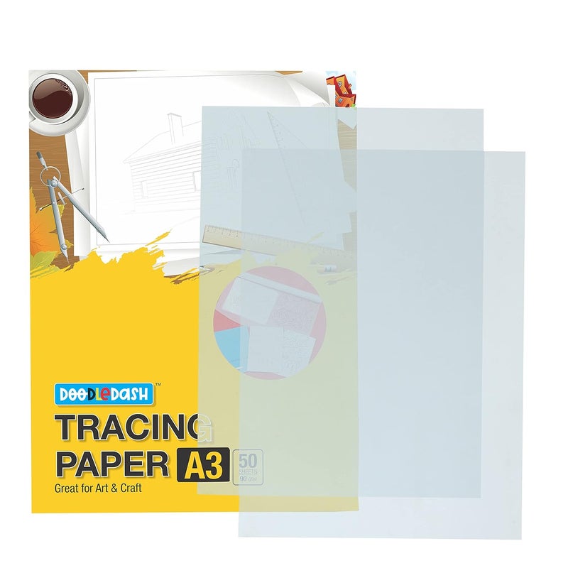 DOODLEDASH Tracing Paper A3 (Size:- 11.7 x 16.5 inches)90GSM Acid Free Recyclable Translucent – For Sketching with Pencils, Pens; Printer Friendly, Art & Crafts, Scrapbooking, Packing, Smooth Surface (Pack of 50 Sheets) - Image 1