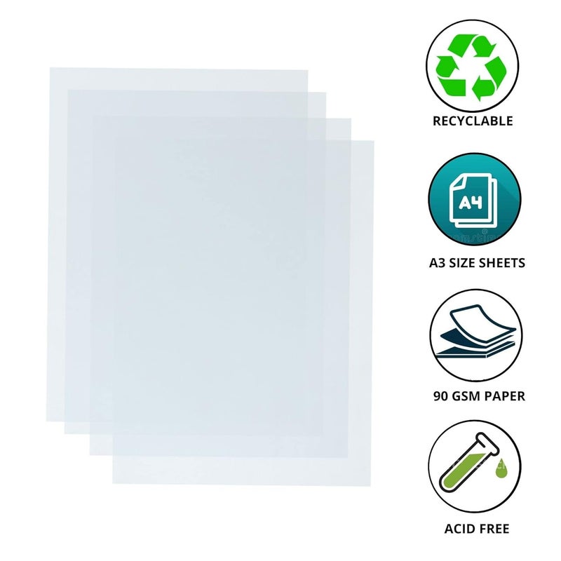 DOODLEDASH Tracing Paper A3 (Size:- 11.7 x 16.5 inches)90GSM Acid Free Recyclable Translucent – For Sketching with Pencils, Pens; Printer Friendly, Art & Crafts, Scrapbooking, Packing, Smooth Surface (Pack of 50 Sheets) - Image 4
