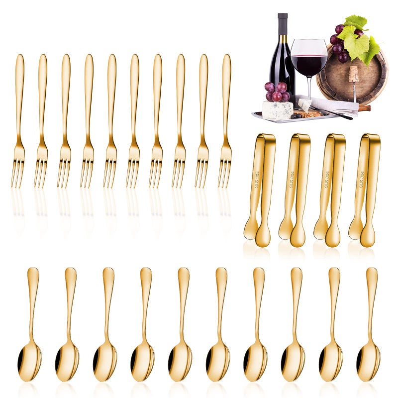 Cunhill 24 Pcs Charcuterie Accessories Mini Cocktail Tongs Small Serving Spoons and Appetizer Forks Stainless Steel Tongs Charcuterie Utensils for Valentine Party Supplies(Vivid Sharp Spoon,Golden) - Image 1