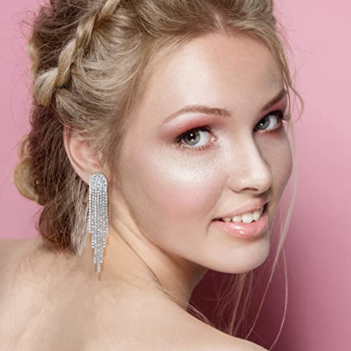 THUNARAZ 4 Pairs Silver Clip on Earrings for Women, Sparkly Rhinestone Tassel Chandelier Teardrop Dangle Earrings for Brides Bridesmaids Non Pierced Prom Jewelry Set Elegant Style - Image 3