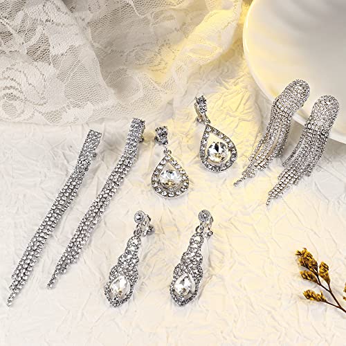 THUNARAZ 4 Pairs Silver Clip on Earrings for Women, Sparkly Rhinestone Tassel Chandelier Teardrop Dangle Earrings for Brides Bridesmaids Non Pierced Prom Jewelry Set Elegant Style - Image 4