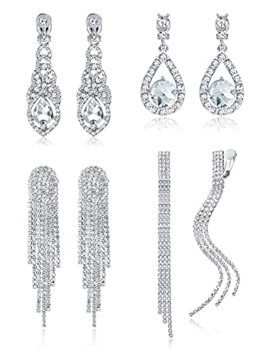 THUNARAZ 4 Pairs Silver Clip on Earrings for Women, Sparkly Rhinestone Tassel Chandelier Teardrop Dangle Earrings for Brides Bridesmaids Non Pierced Prom Jewelry Set Elegant Style - Image 1