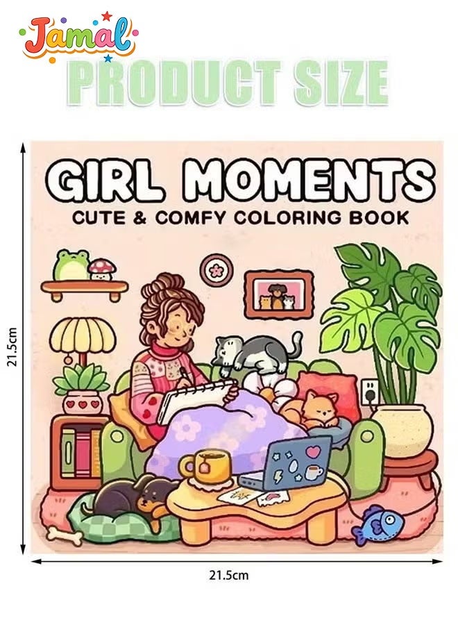 Jamal "Girl Moments" Coloring Book for Adults & Teens – Cute & Cozy Daily Relaxation Activity with Whimsical Illustrations of Girls Reading with Pets, Perfect for Stress Relief, Cozy Spaces & Holiday Gifting - Image 5