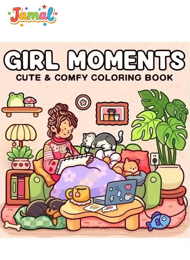 Jamal "Girl Moments" Coloring Book for Adults & Teens – Cute & Cozy Daily Relaxation Activity with Whimsical Illustrations of Girls Reading with Pets, Perfect for Stress Relief, Cozy Spaces & Holiday Gifting - Image 1