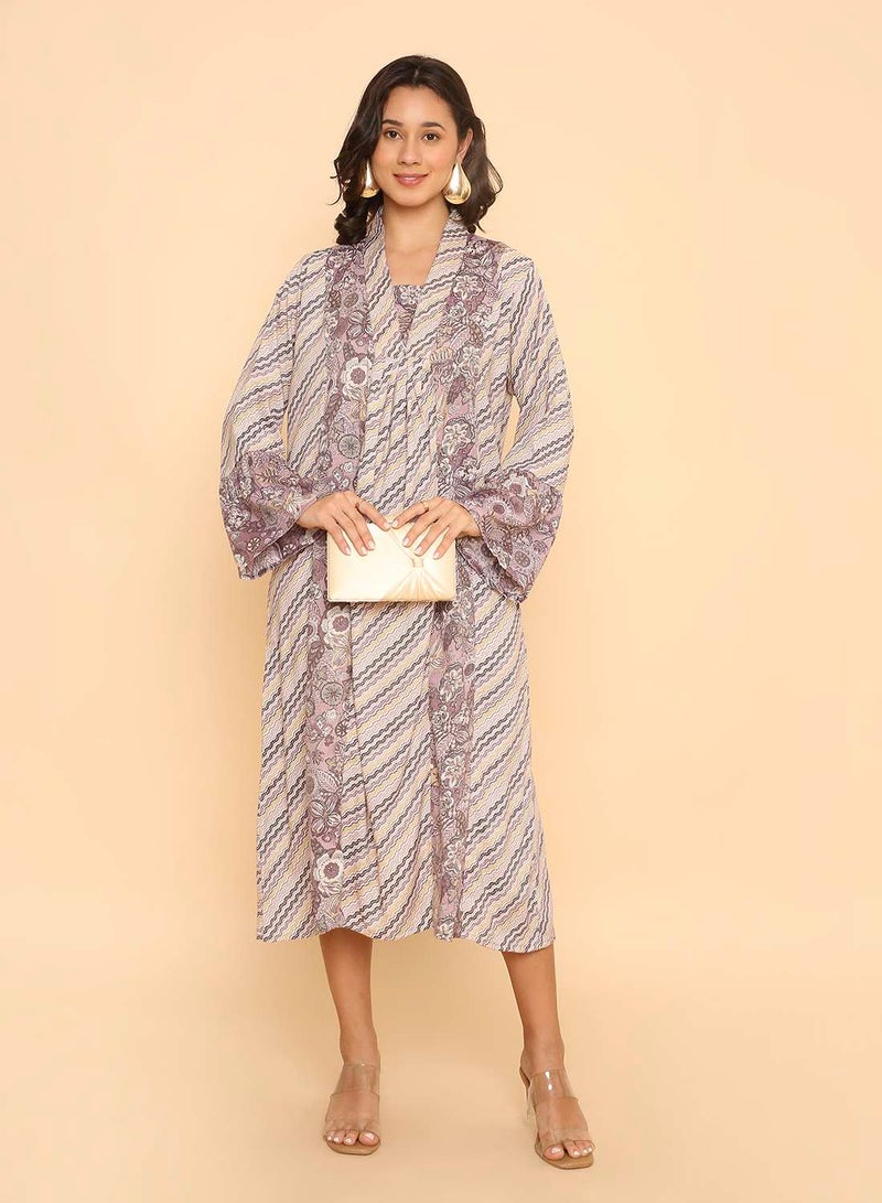 HANA & SARA Elegant Dusty Purple Floral Print Arabic Jalabiya Dress - Image 1