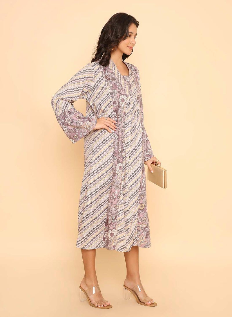 HANA & SARA Elegant Dusty Purple Floral Print Arabic Jalabiya Dress - Image 4