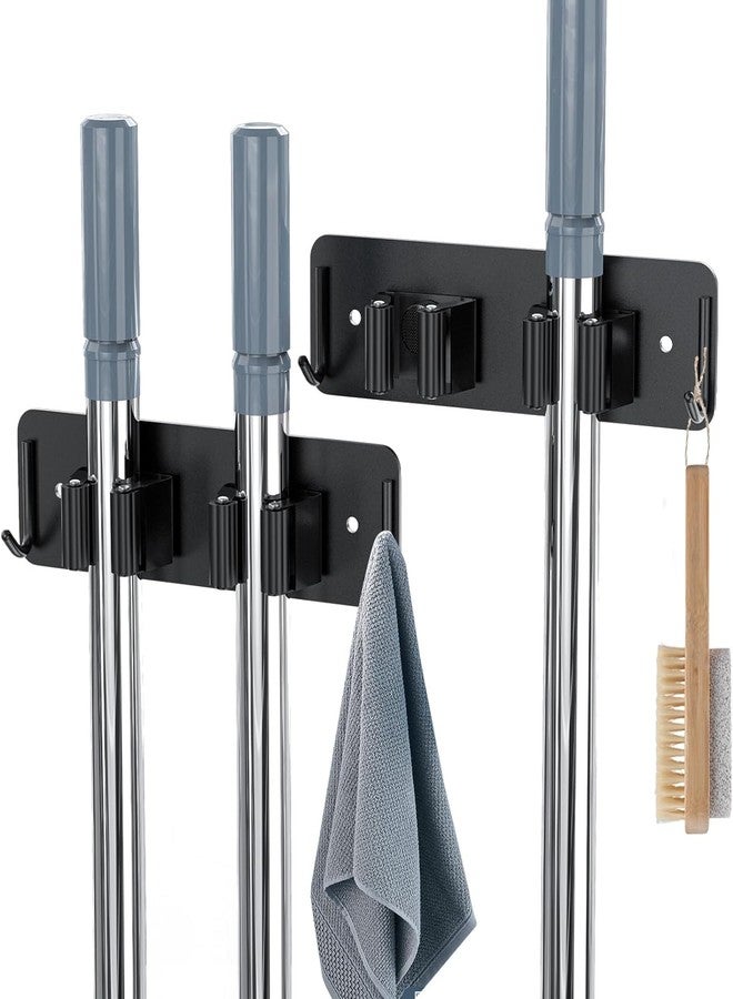 Enclave Stainless Steel Mop and Broom Holder Wall Mounted Adhesive Storage Solutions for Broom mop etc, Garage Storage Systems Broom Organizer. (2 RACK 1 HOOK/BLACK, PACK OF 1) - Image 1