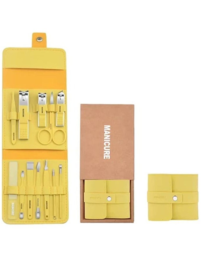ارواق مجموعة قص الأظافر المحمولة من الفولاذ المقاوم للصدأ مع حقيبة قابلة للطي مجموعة مانيكير مجموعة قص الأظافر الاحترافية أدوات العناية بالباديكير مجموعة قص الأظافر أداة مكياج وتجميل (أصفر، 12 قطعة) - Image 1