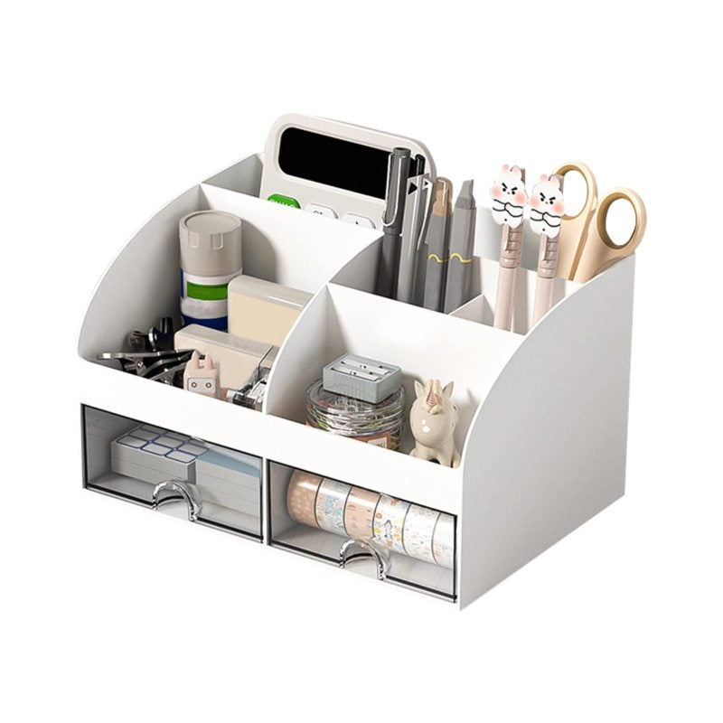 Office Desk Organizer 14.2 × 12 × 21.2 Cm White High-quality Eco-friendly Ps Material - 6-compartment 2 Clear Drawers Stationery Storage Box for Home Office School Dorm - Image 2