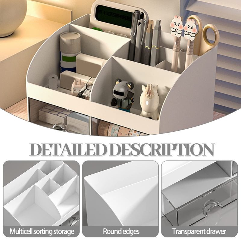 Office Desk Organizer 14.2 × 12 × 21.2 Cm White High-quality Eco-friendly Ps Material - 6-compartment 2 Clear Drawers Stationery Storage Box for Home Office School Dorm - Image 3
