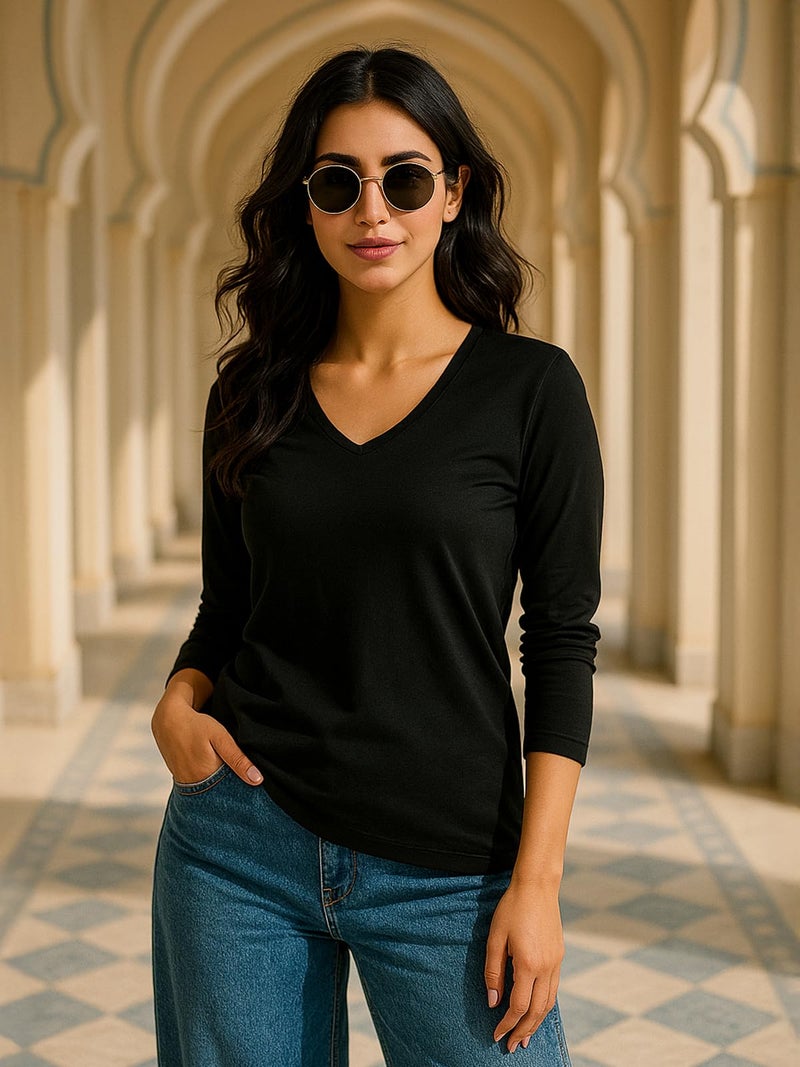 JUNEBERRY® Pure Cotton Regular Fit Solid Full Sleeve T-Shirt for Women & Girls JB_FS_V_BLK_S - Image 2