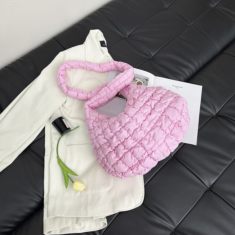 Korean Pleated Cloud Puffer Tote Crossbody Bag bright pink