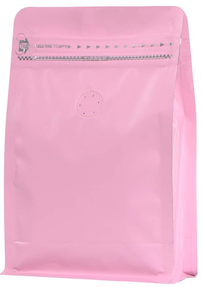 coffee bags with Valve High Barrier Aluminumed Foil Flat Bottom Standing Coffee Beans Storage BagsReusable Heat Sealable Side Zipper Pouches 8oz50pc Pink