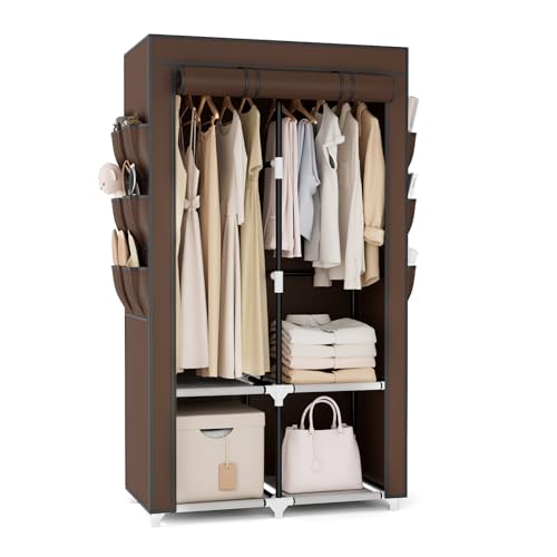 VTRIN Portable Closet Wardrobe for Hanging Clothes with 4 Storage Shelves 2 Hanging Rods and 6 Pockets Stable and Easy Assembly Clothes Rack with Cover Free Standing Closet Brown - Image 1
