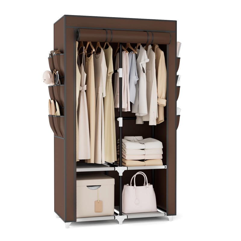 VTRIN Portable Closet Wardrobe for Hanging Clothes with 4 Storage Shelves 2 Hanging Rods and 6 Pockets Stable and Easy Assembly Clothes Rack with Cover Free Standing Closet Brown - Image 2
