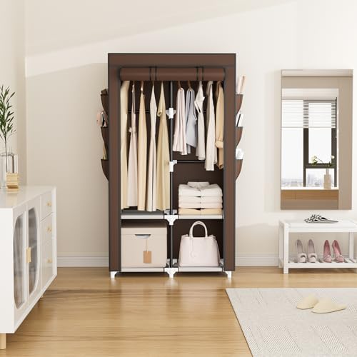 VTRIN Portable Closet Wardrobe for Hanging Clothes with 4 Storage Shelves 2 Hanging Rods and 6 Pockets Stable and Easy Assembly Clothes Rack with Cover Free Standing Closet Brown - Image 3